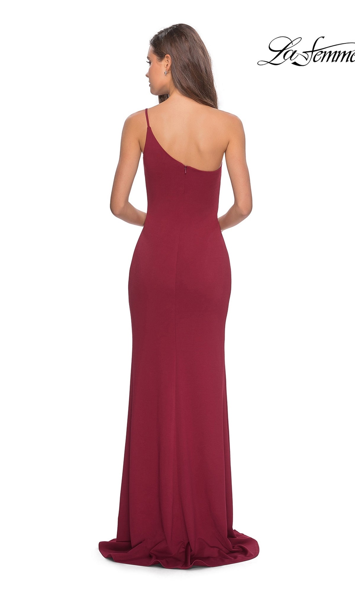 A woman stands with her back to the camera against a white background, wearing the La Femme One-Shoulder Long Formal Dress 28176.